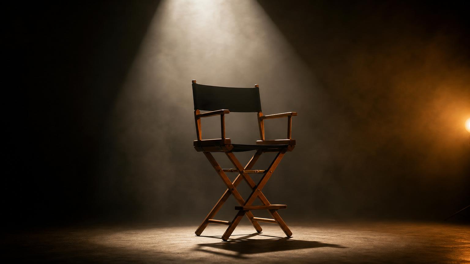 An empty director's chair on a studio set
